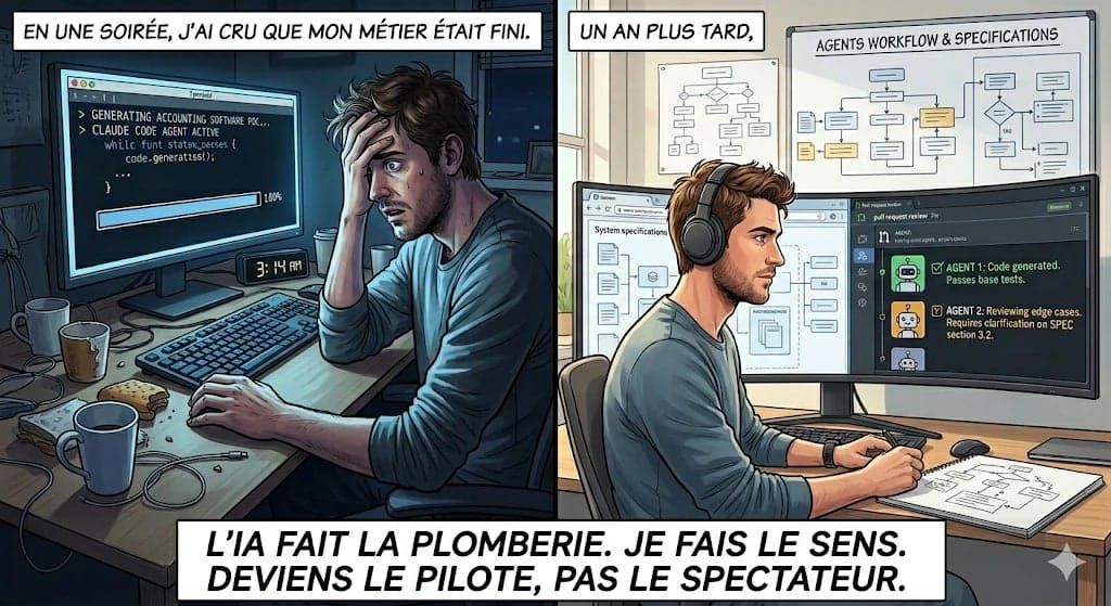 Diptyque en bande dessinée : à gauche, un développeur paniqué à 3h du matin devant un POC généré par un agent Claude Code ; à droite, un an plus tard, le même développeur serein pilote plusieurs agents autour d'un workflow GitHub et de specs. Légende : « L'IA fait la plomberie. Je fais le sens. Deviens le pilote, pas le spectateur. »
